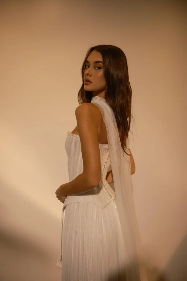 Ivory Sweetheart Chiffon Strapless Chic Pleated Long Scarf Prom Dress ZT0599 Ivory Sweetheart Chiffon Strapless Chic Pleated Long Scarf Prom Dress ZT0599
