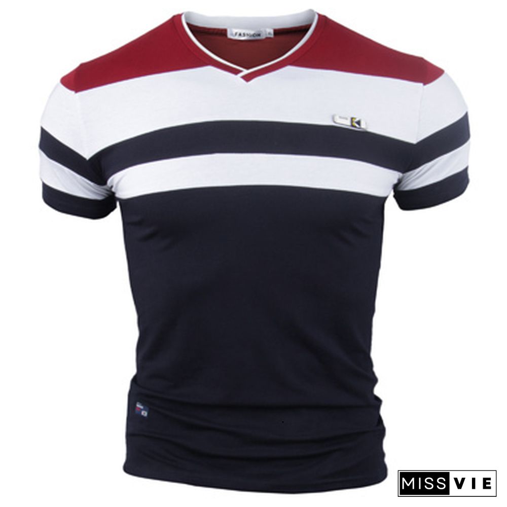 Men Short Sleeve T Shirts New Summer Pure Cotton Vintage Patchwork Tees VNeck Cotton T-shirt Homme Top M-4XL