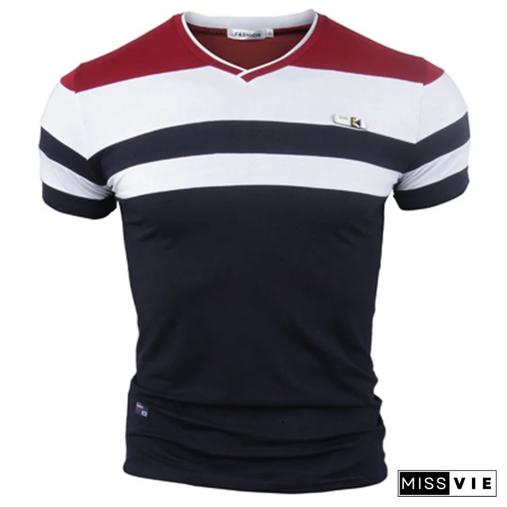 Men Short Sleeve T Shirts New Summer Pure Cotton Vintage Patchwork Tees VNeck Cotton T-shirt Homme Top M-4XL