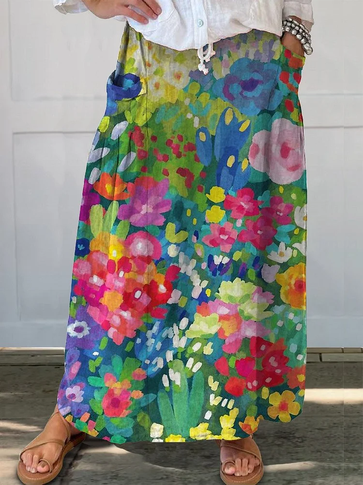 Women's Vintage Lovely Floral Art Print Linen Pocket Skirt