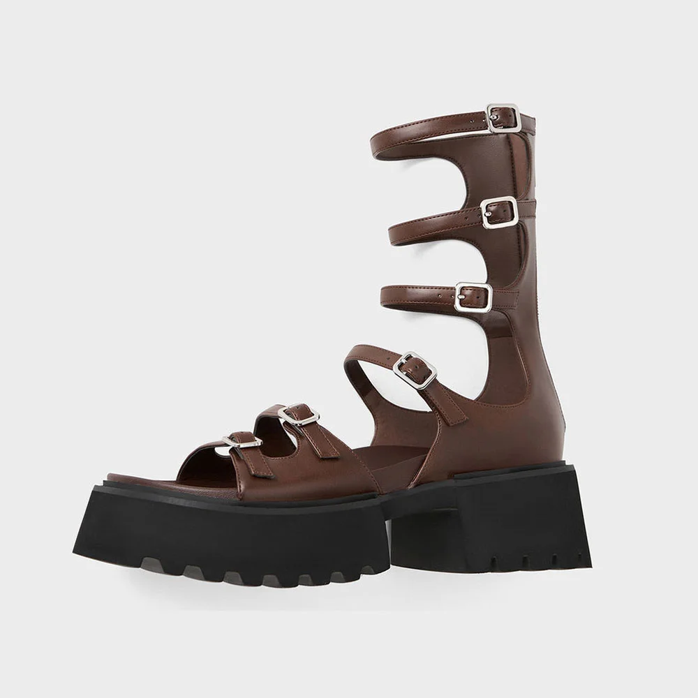 Brown Round Toe Platform Mid Heel Buckled Gladiator Sandals for Women