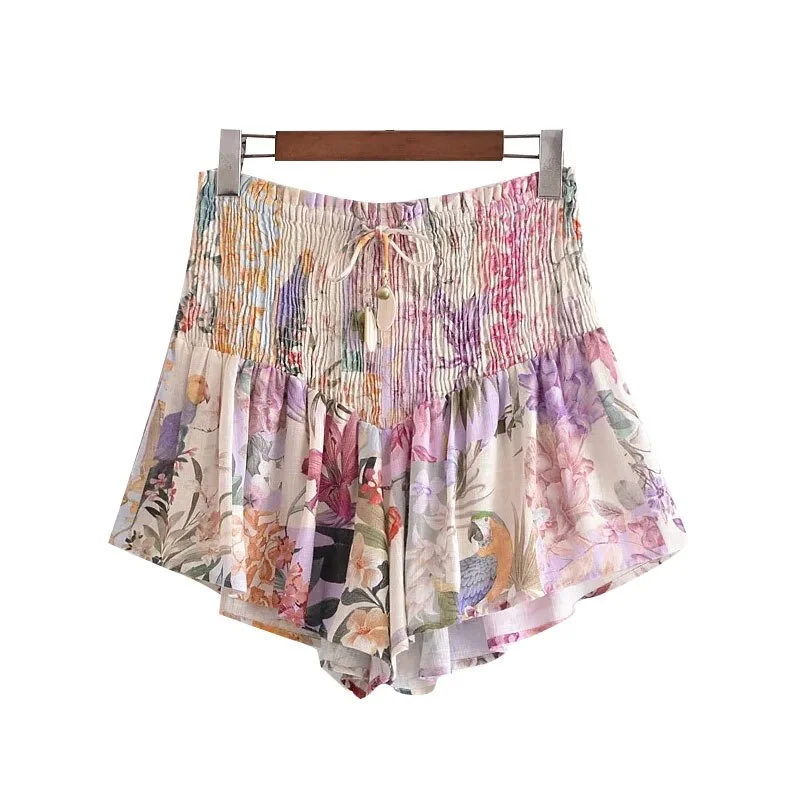 TRAF Women Chic Fashion Floral Print Smocked Shorts Vintage High Elastic Waist With Drawstring Female Short Pants Mujer