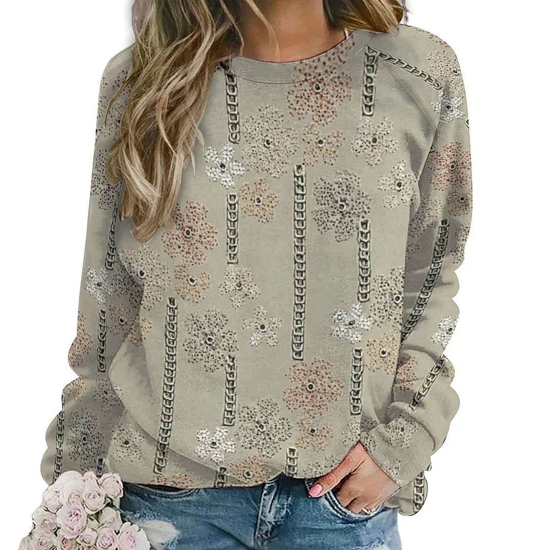 Printed Long Sleeve Casual Sweatshirt for  Women and Men Unisex Pattern Khaki, Floral