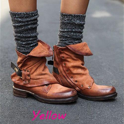 VCSHOES Leather Chunky Heel Buckle Round Toe Ankle Boots