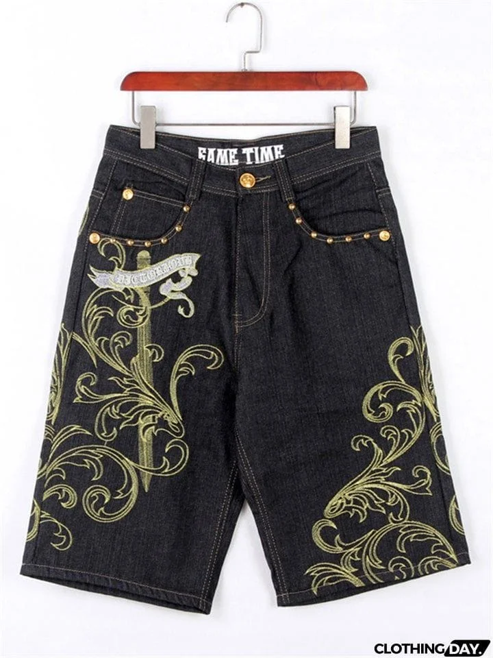 Trendy Street Style Loose Embroidered Comfy Cropped Pants For Men