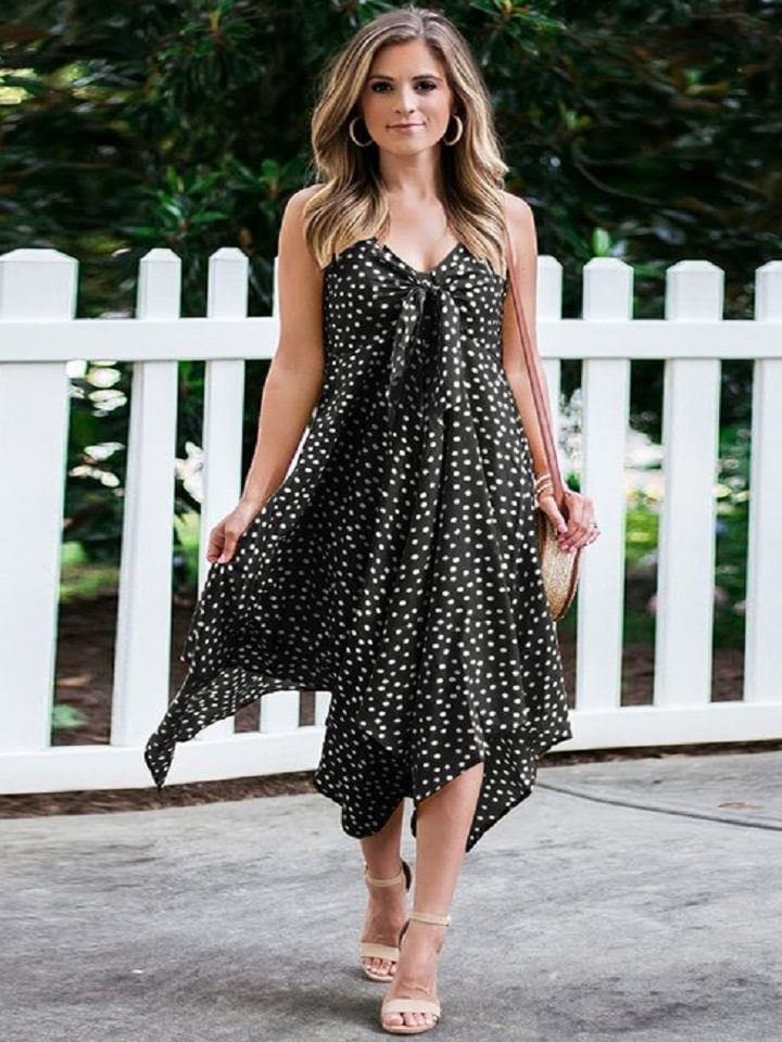 Dot Printed Suspender Big Swing Dress Black Dresses