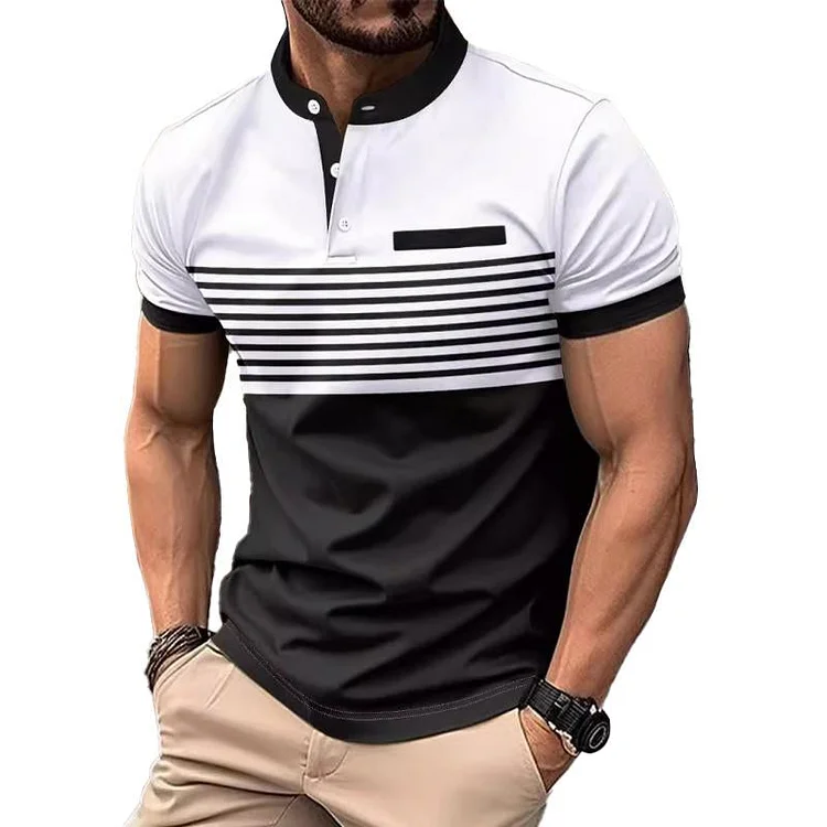 Men's Striped Stand Collar Short Sleeve Henley T-shirt 75684471Y