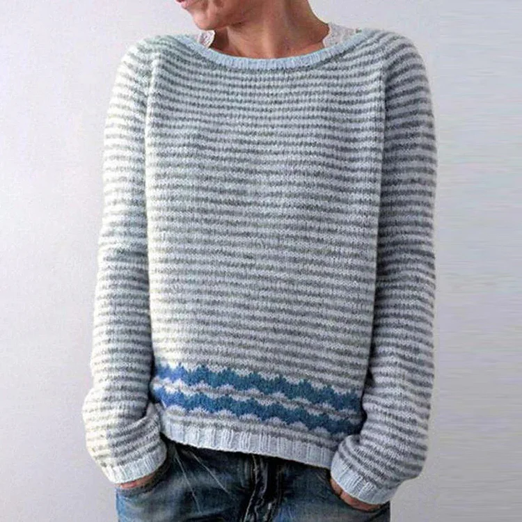 Vintage Stripe Jacquard Round Neck Long Sleeve Sweater
