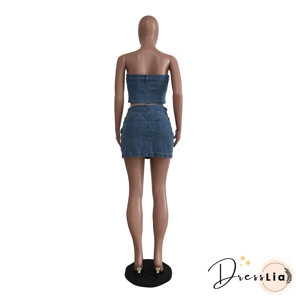 Denim Strapless Crop Top Mini Skirts Two Piece Set