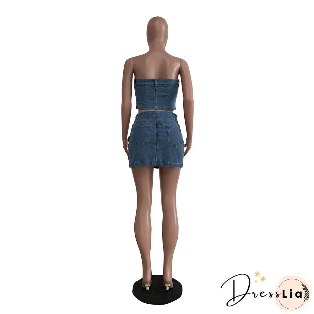 Denim Strapless Crop Top Mini Skirts Two Piece Set