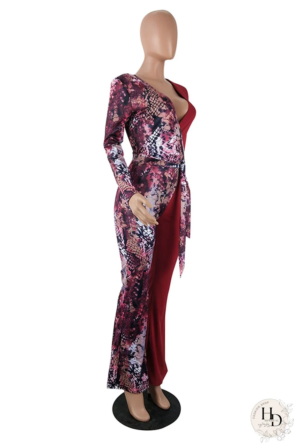 Wine Red Fashion Sexy bandage Patchwork serpentine Print Polyester Long Sleeve V Neck Jumpsuits