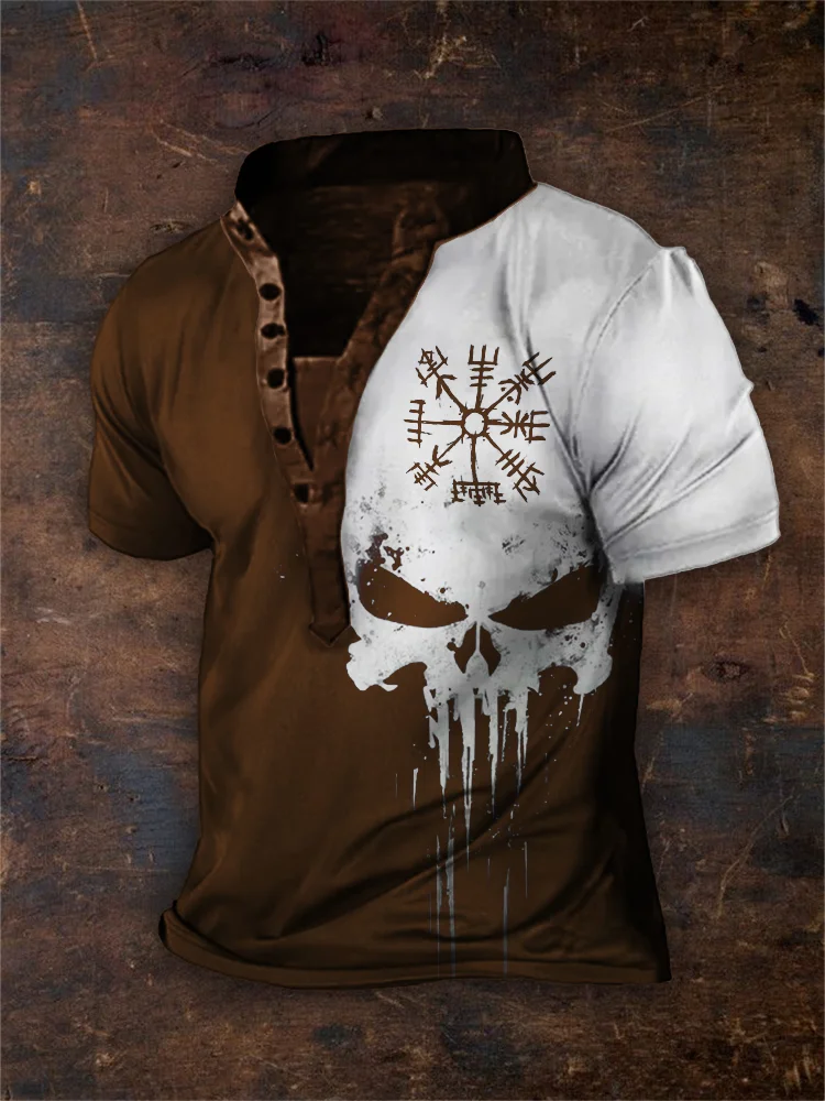 BrosWear Men's Vikng Vegvisir Skull Contrast Color Henley Shirt