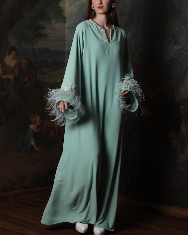 Embroidered feather kaftan