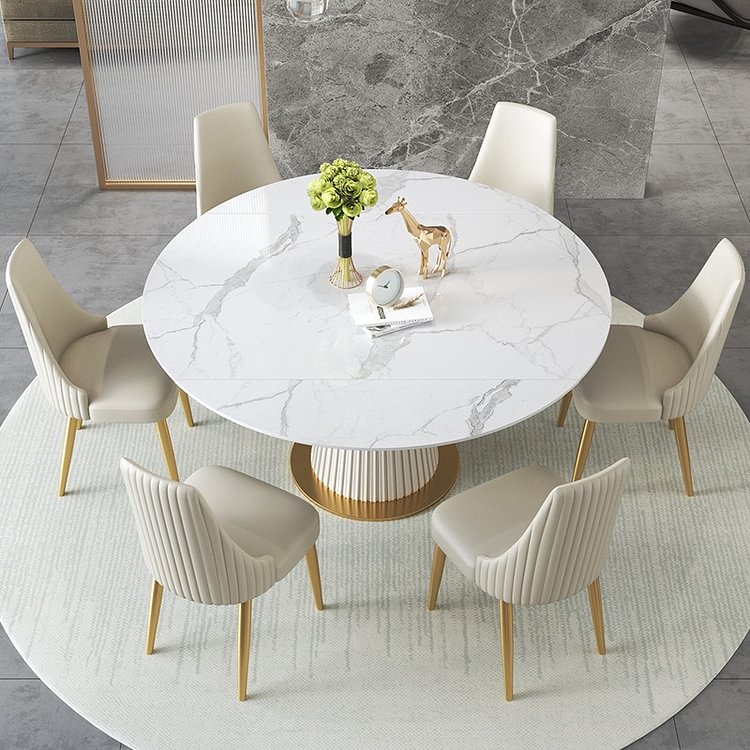 Homemys White Modern Expandable Round Dining Table with Sintered Stone Top