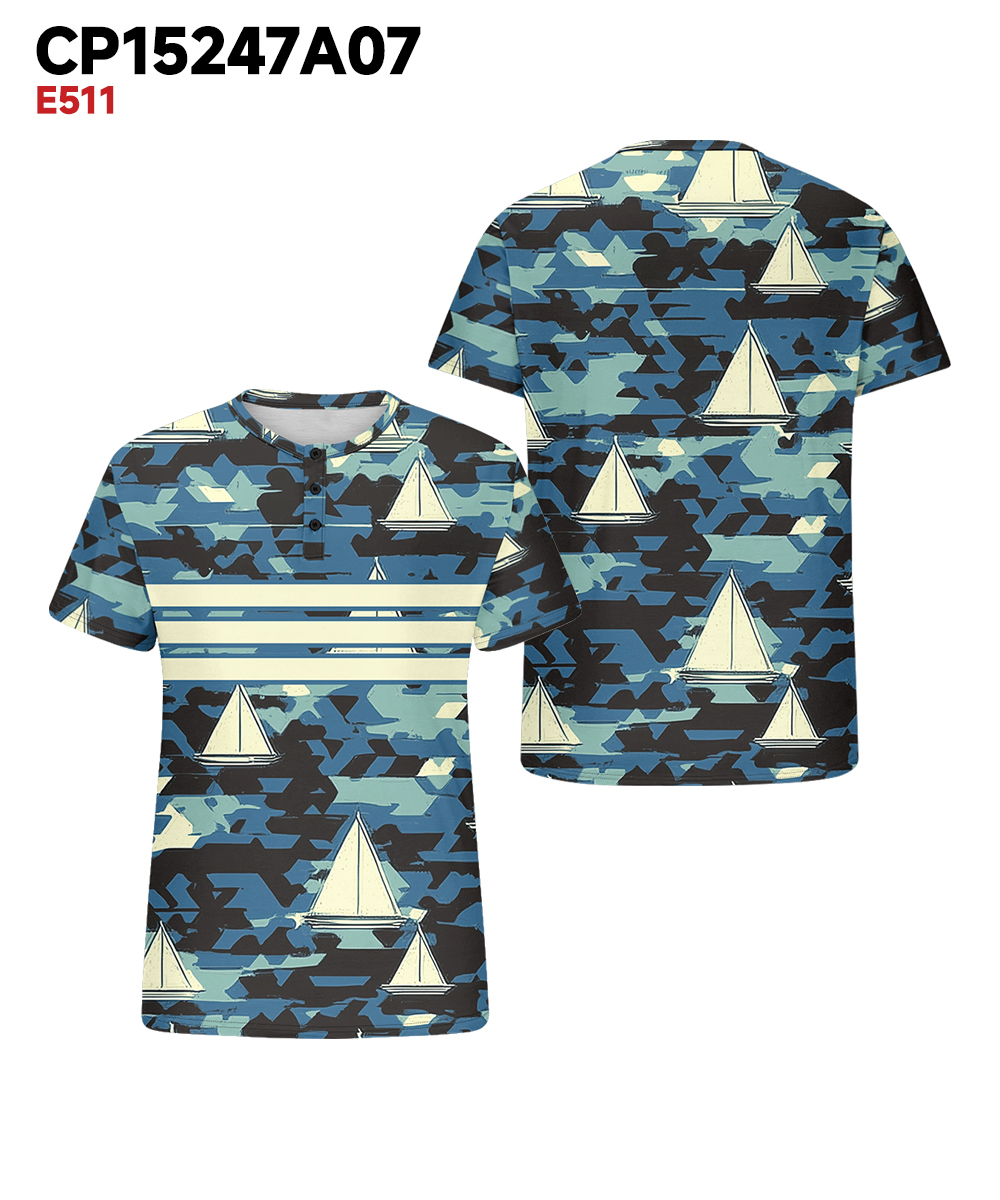 Men's Plus Size Hawaiian Blue Camouflage Sailboat Print Henry Collar Button Short Sleeve Tee