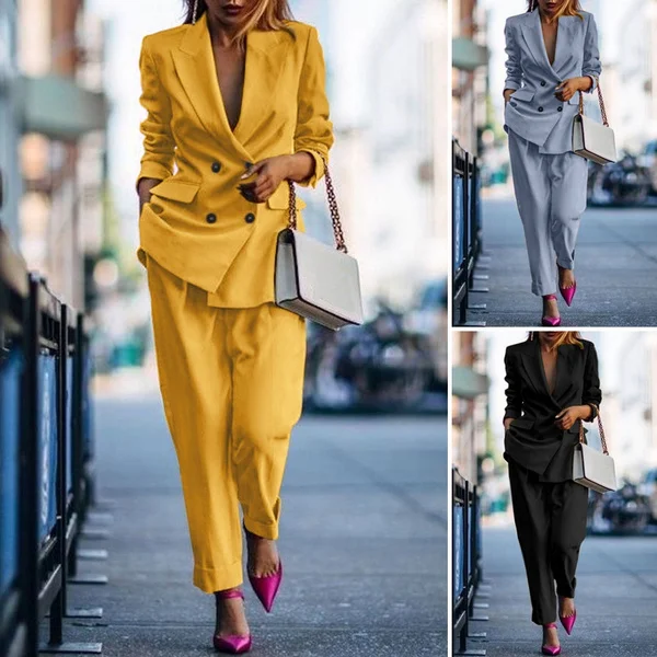 Women Elegant Party Full Sleeve Turn-Down-Collar Blazer Coat Elastic Waist Solid Color Suit Pants Plus Size Loose Autumn Streetwear Suits