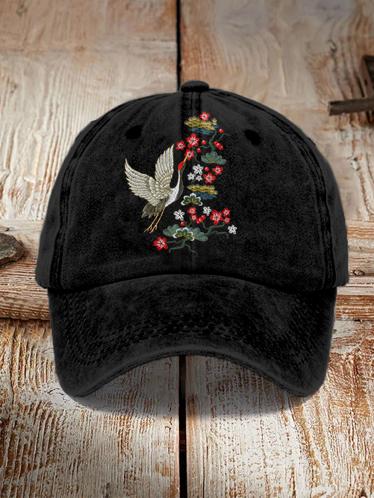 Japanese Cranes with Flowers Embroidered Washed Cap  artssus