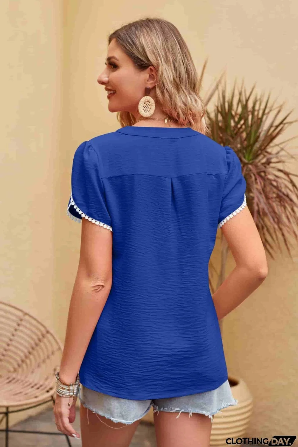 Contrast Trim Pom-Pom Detail Notched Neck Blouse