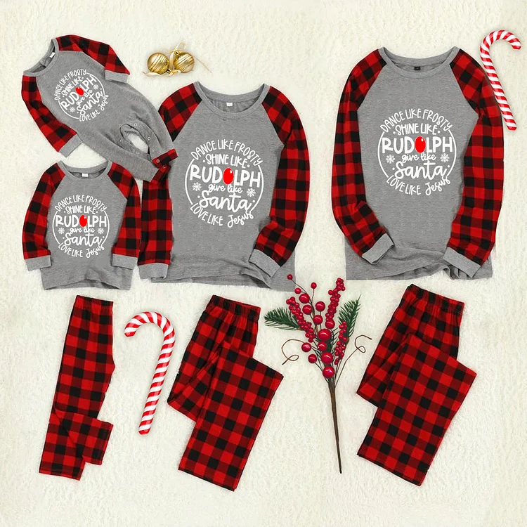 'Dance Like Frosty, Love Like Jesus' Christmas Red Plaid Family Matching Pajamas(Gray)