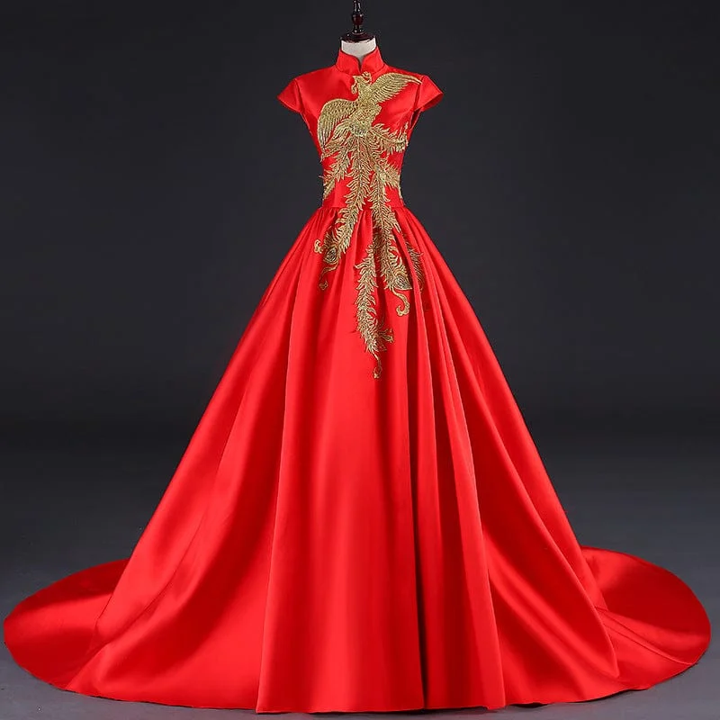 Phoenix embroidery, floor length wedding Qipao