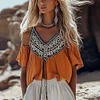  Bohemian Embroidered Orange Top with Flared Sleeves by Inlyline
