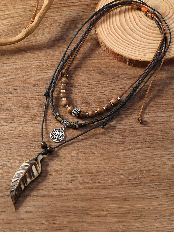 Men's Retro Braided Beaded Alloy Pendant Multi-Layer Necklace
