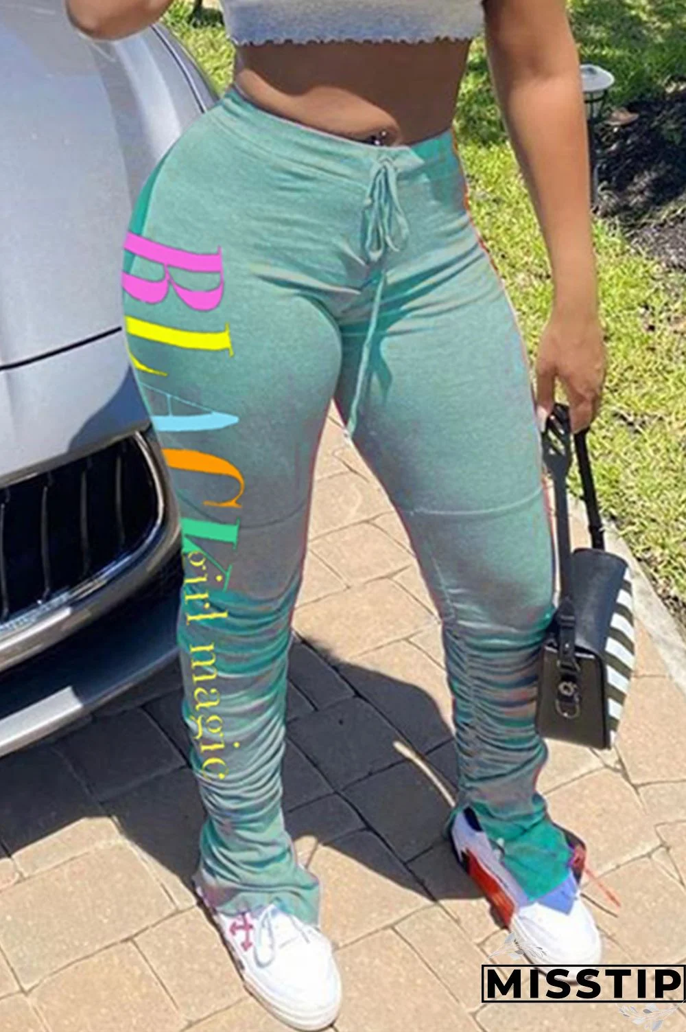 Light Green Fashion Casual Letter Printed Sports Pants