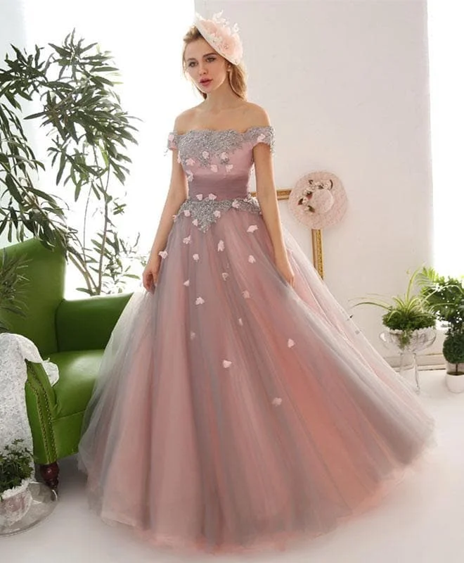 Pink Tulle Lace Off Shoulder Long Prom Dress, Pink Tulle Evening Dress