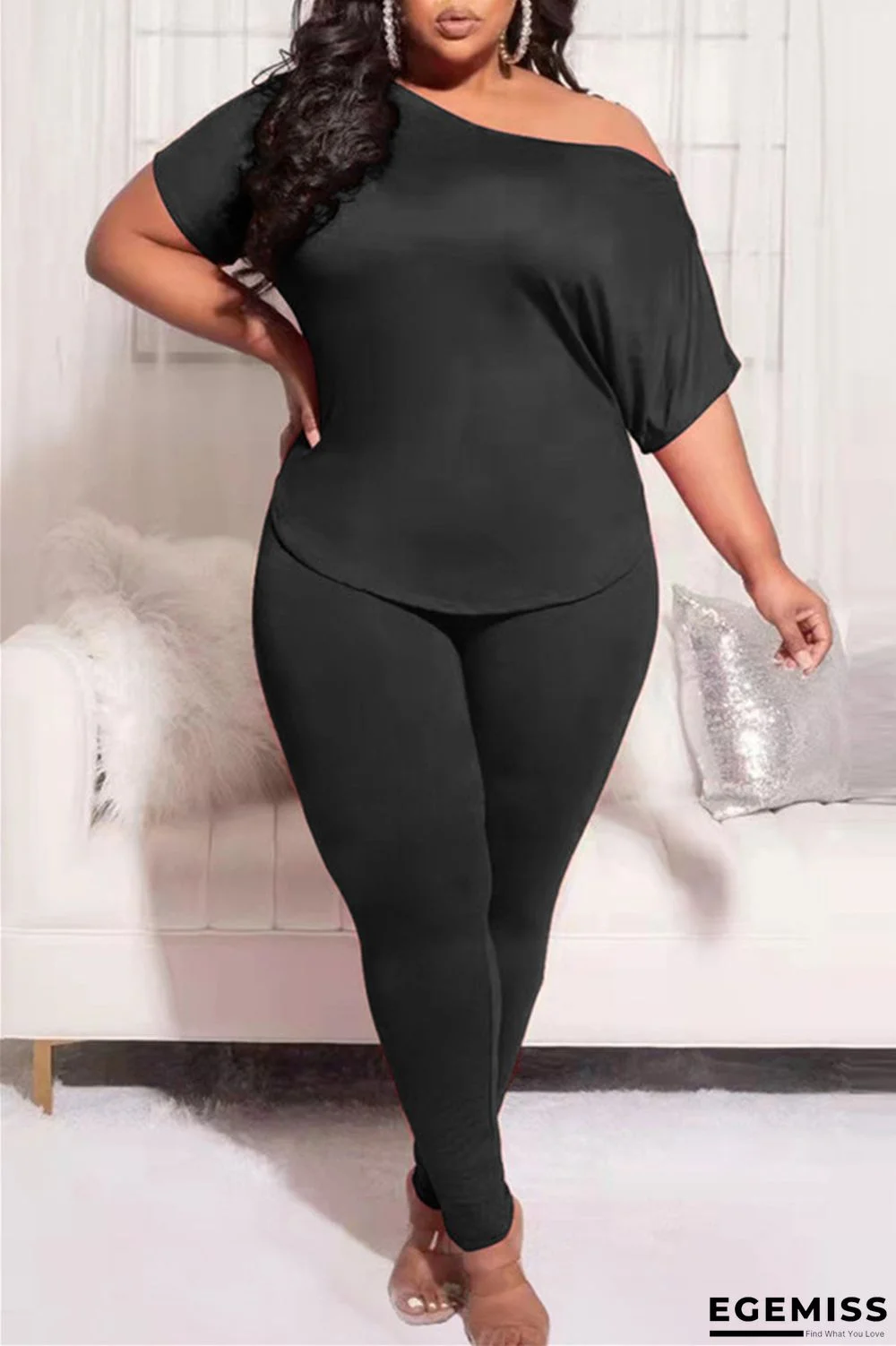 Black Fashion Casual Solid Basic Oblique Collar Plus Size Two Pieces | EGEMISS