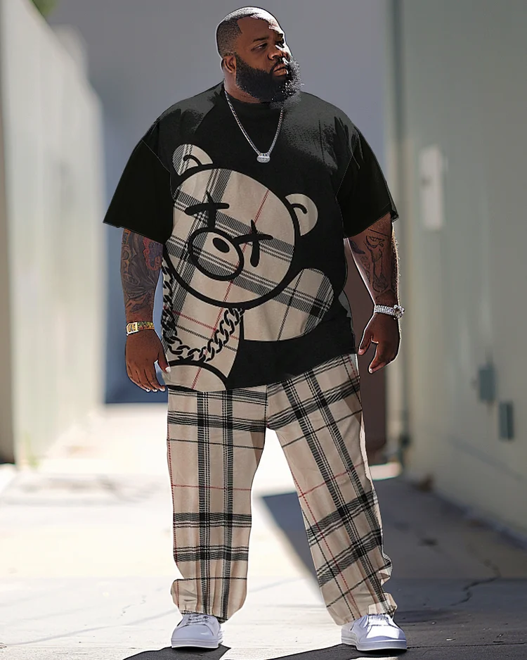 Men's Large Casual Bear Print T-Shirt Pants Suit
