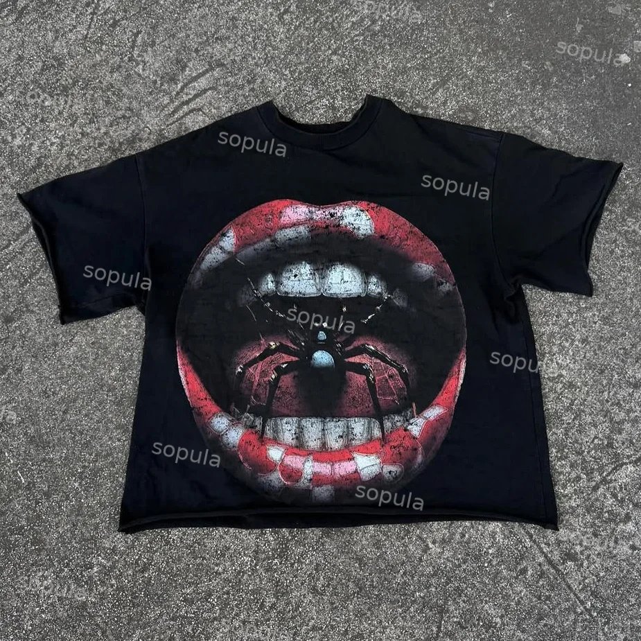 Spider Lips Print Graphic Cotton T-shirt - SOPULA