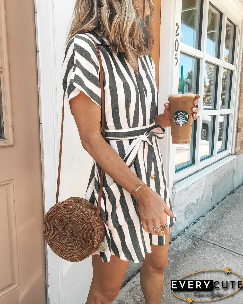 Classic Casual Deep V Neck Tie Waist Vertical Striped Bodycon dress