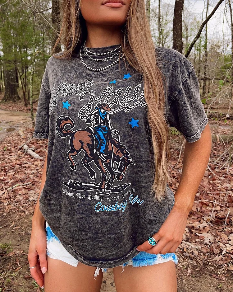 Cowboy Vintage Gray Distressed Print Short Sleeve Tee