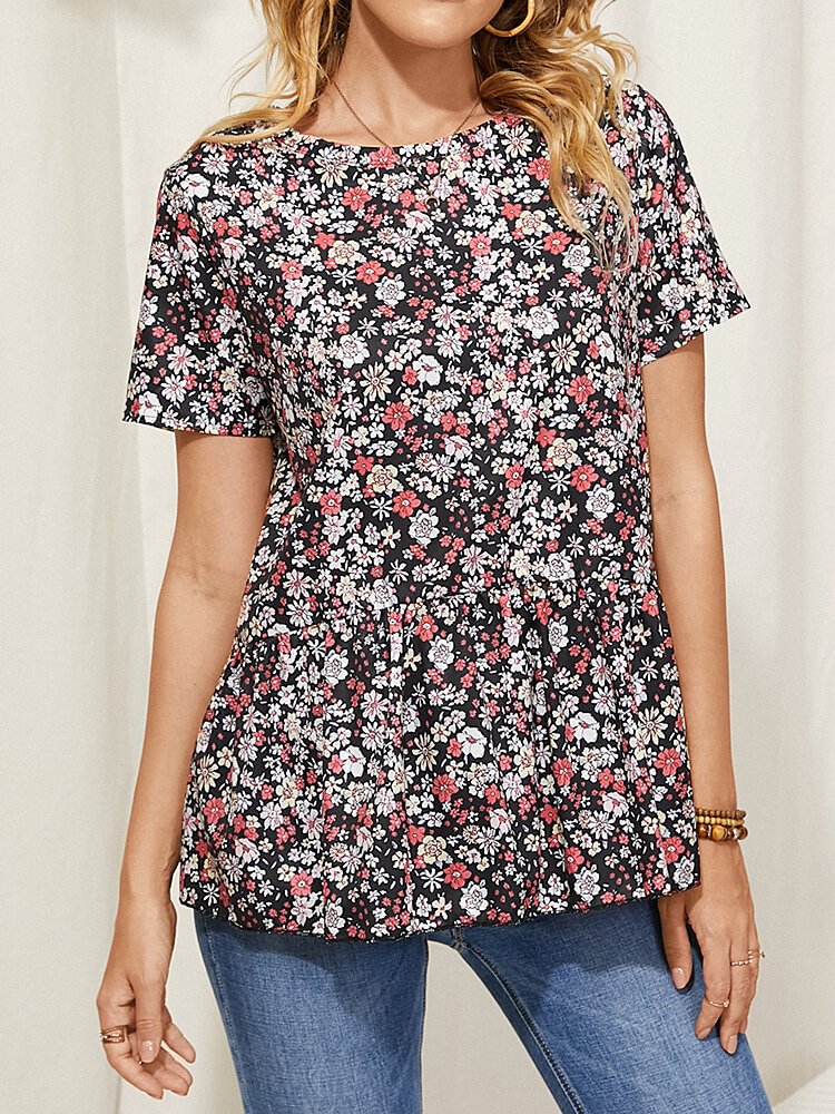 Summer Holiady Flower Print O neck Short Sleeve Casual T shirt for Women P1854479