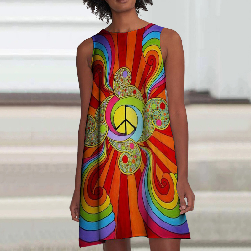 Crew Neck Hippie Print Sleeveless Mini Dress wearshes
