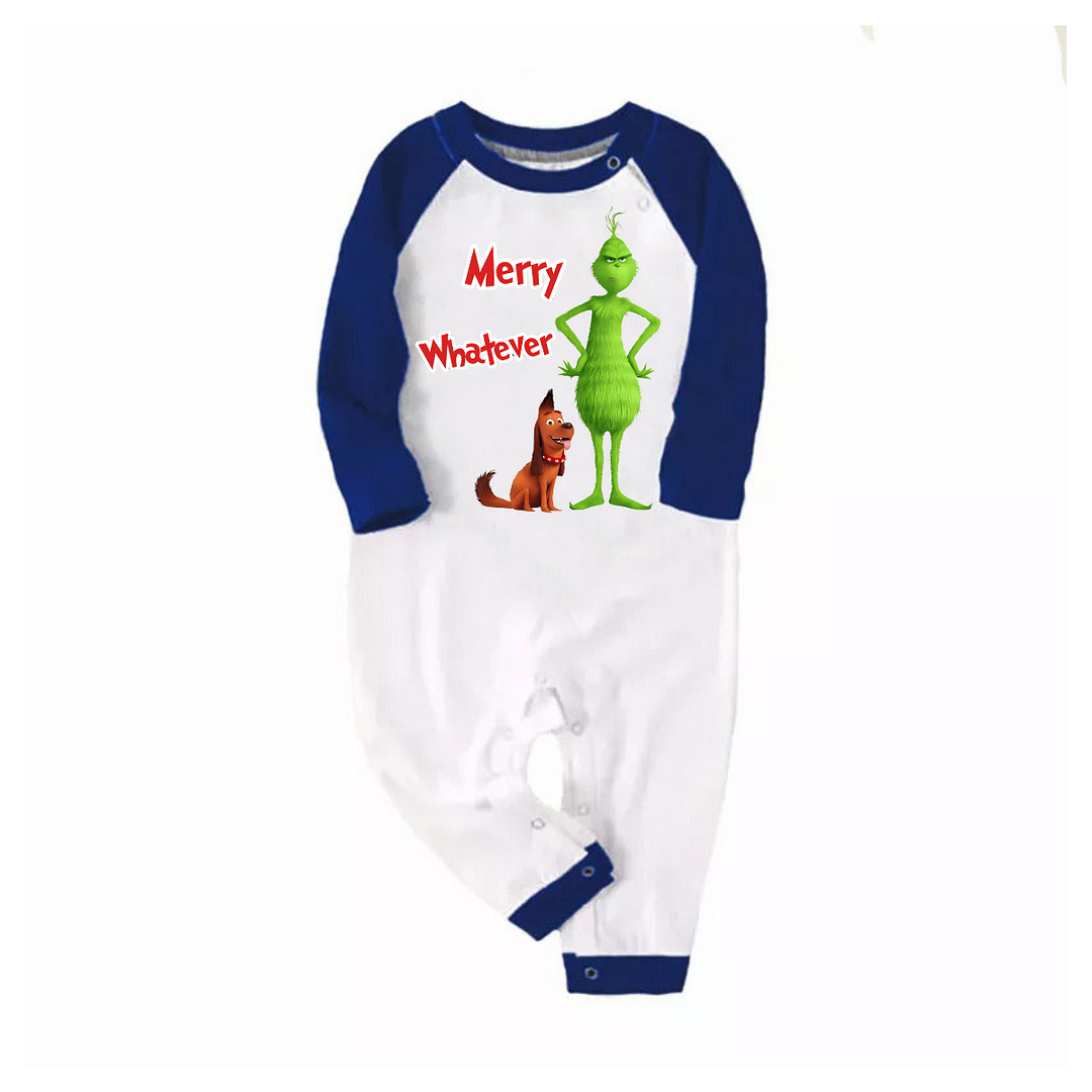 Cartoon Pattern and "Merry Whatever" Printed Navy Blue and Black Plaid Christmas Family Pajamas