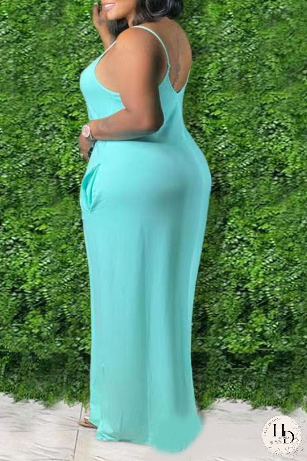 Cyan Sexy Solid Patchwork Spaghetti Strap Straight Plus Size Dresses