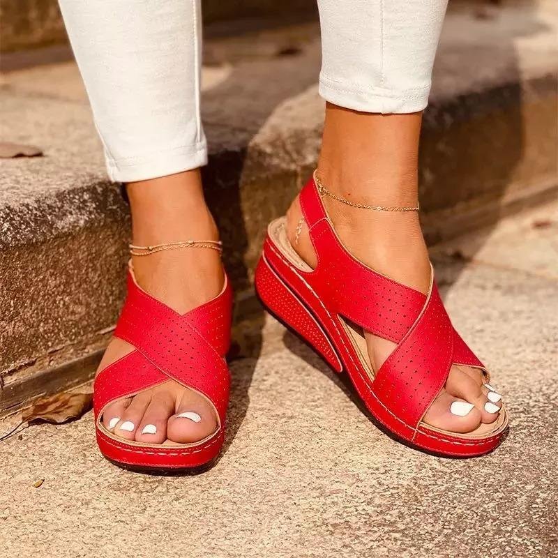 Women's Casual Comfortable Pu Cross-Strap Magic Tape Wedge Heel Sandals