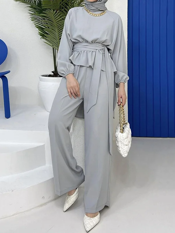 Solid Color Long Sleeves Round-Neck Pleated Tied Waist Elasticity Blouses Top + High Waisted Wide Leg Pants Bottom Two Pieces Set