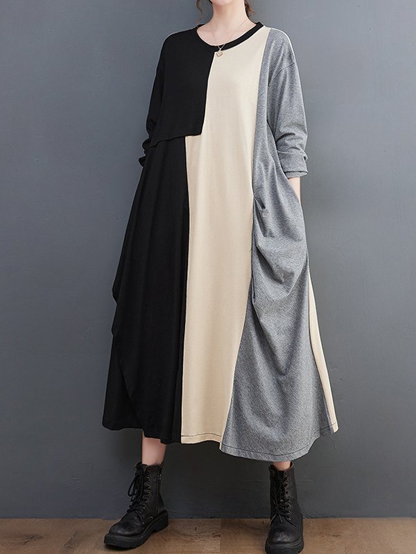 Loose Knitted Color Matching Irregular Maxi Dress