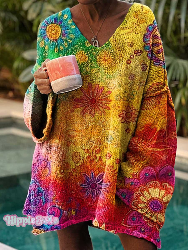 Women’s Retro Hippie Love And Peace Flowers Casual Pullover Sweater Multicolor / M