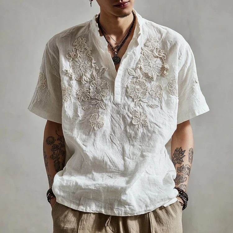 Bohemian Style Three-dimensional Embroidered Flowers, Vintage Linen, Lonesome White Men's V-neck Short-sleeved Shirt