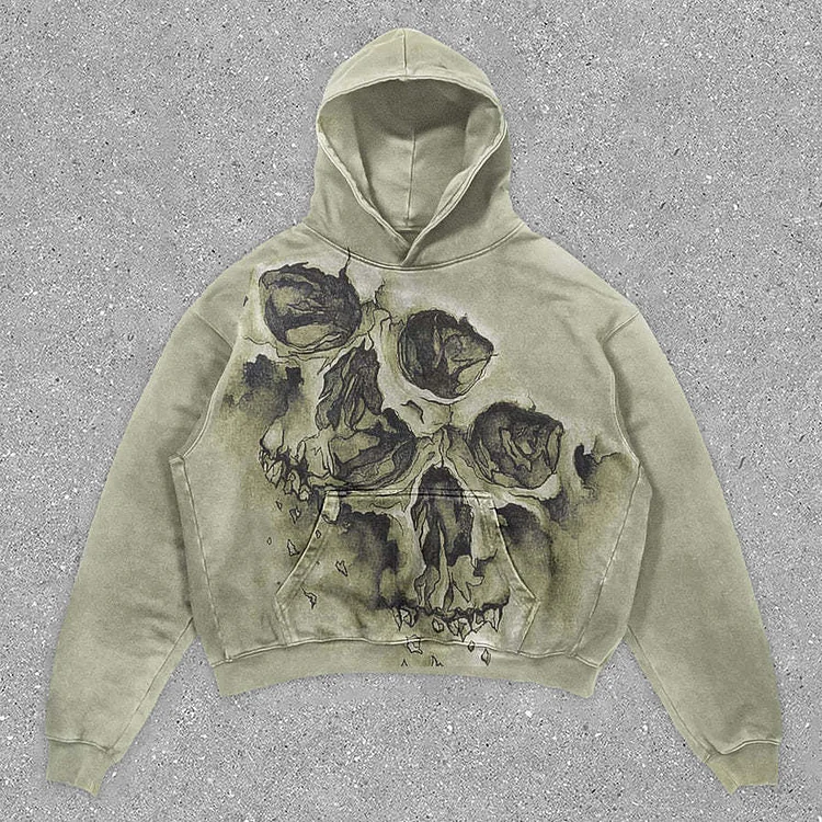 Army Green Skull Print Lazy Street 3D Printing Loose Hooded long-sleeved Sweater Hoodie at Hiphopee