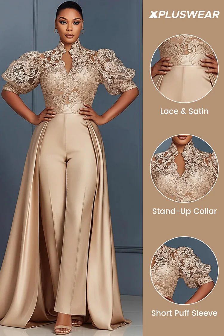 Xpluswear Design Plus Size Formal Satin Champagne Stand-Up Collar Puff Sleeve Short Sleeve Pocket With Skirt Overlay Lace Jumpsuits [Pre-Order]