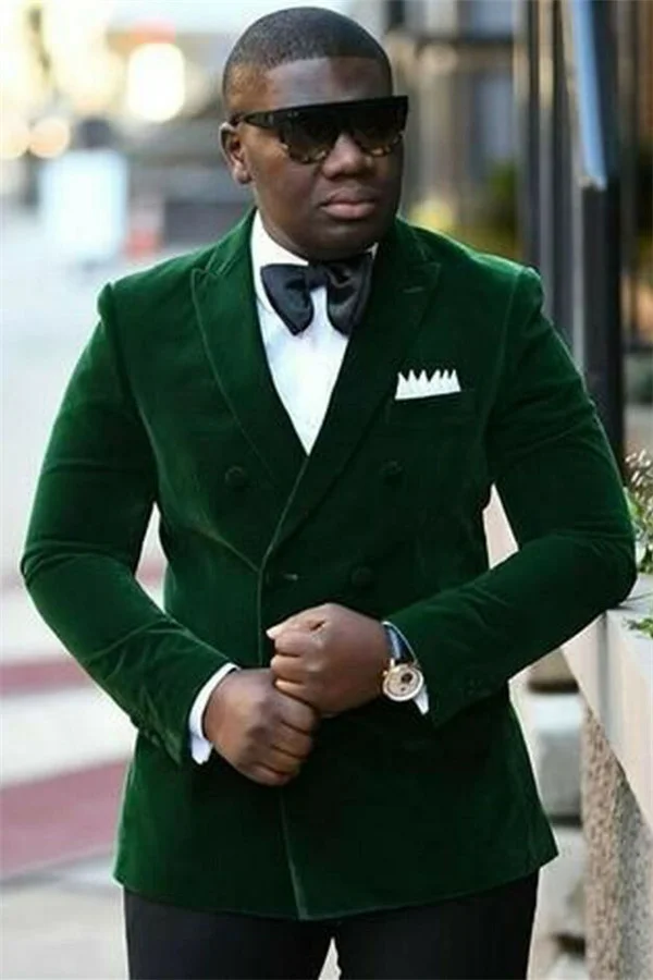 Newest Peaked Lapel  Dark Green Marriage Blazer Suit Velvet With Double Breasted