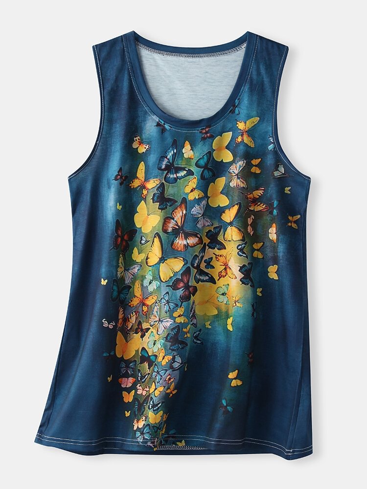 Butterfly Print O neck Sleevless Casual Tank Top For Women P1805998
