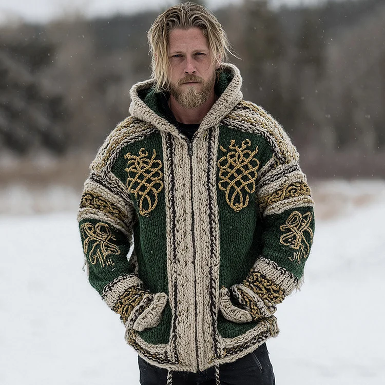 Men's Vintage Celtic Knot Jacquard Zipper Contrast Color Aran Sweater