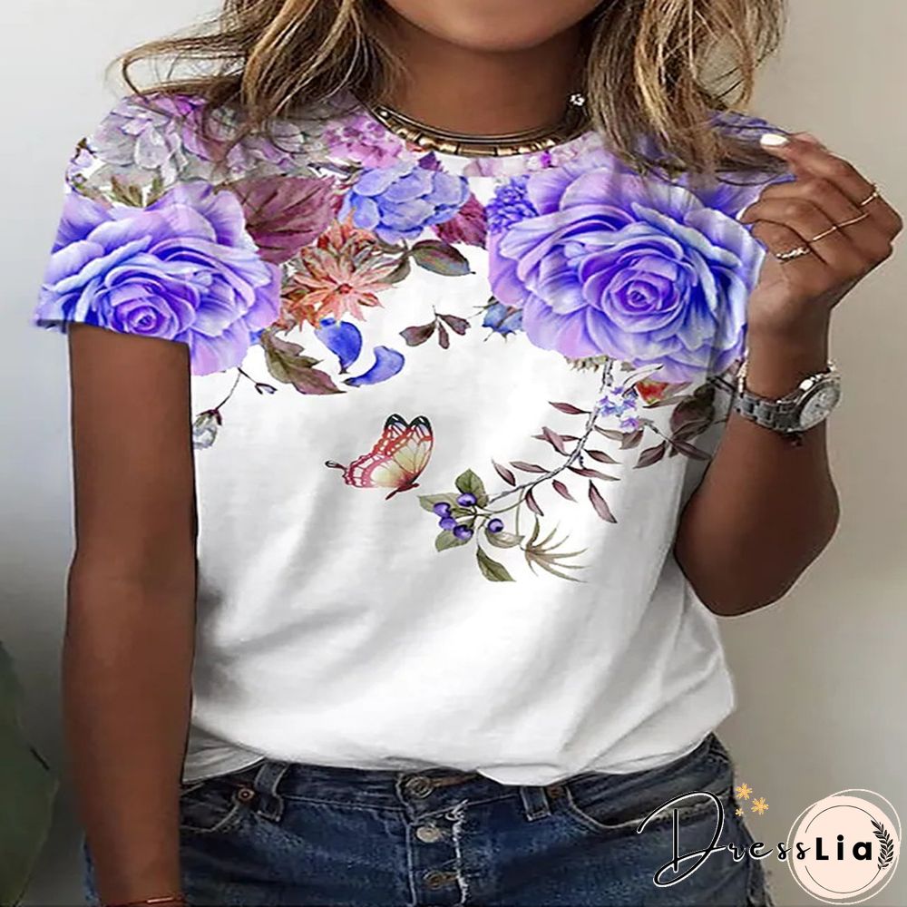 Summer New 3D Printing Ladies Casual Floral Theme Painting T-Shirt Printing Round Neck Soft Fashion Women's Clothing
