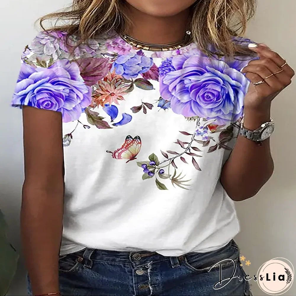 Summer New 3D Printing Ladies Casual Floral Theme Painting T-Shirt Printing Round Neck Soft Fashion Women's Clothing