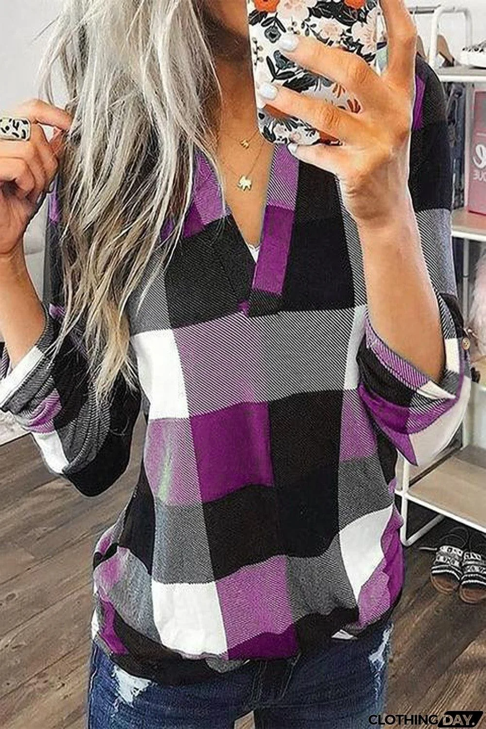 Contrast Plaid V Neck Long Sleeve Top